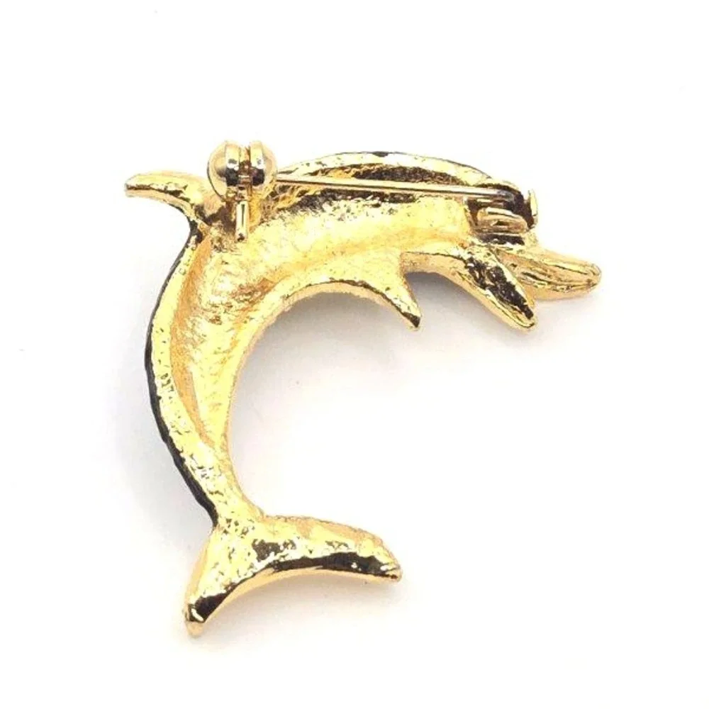 Vintage 1980s Gold Tone‎ Metal and Matte Black Enamel Jumping Dolphin Brooch Pin